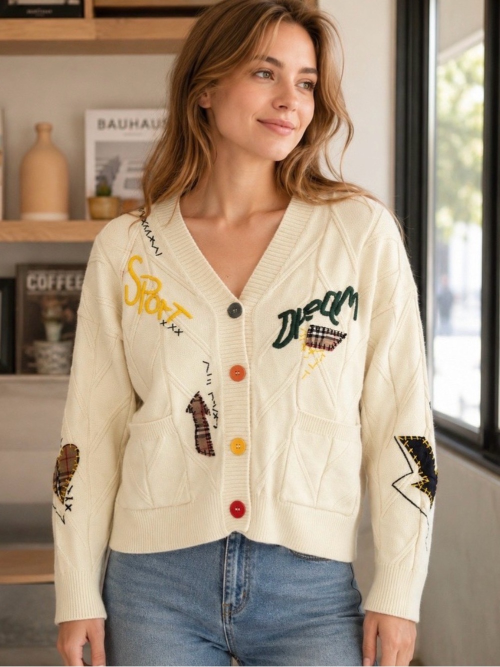 Cream Embroidered V-Neck Button Cardigan Sweater